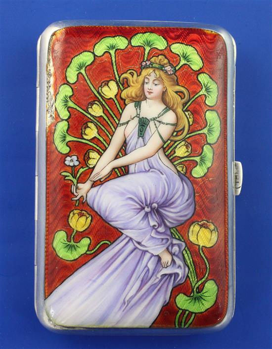 A later Victorian silver and polychrome enamel cigarette case by Heinrich Levinger, gross 3.5 oz.